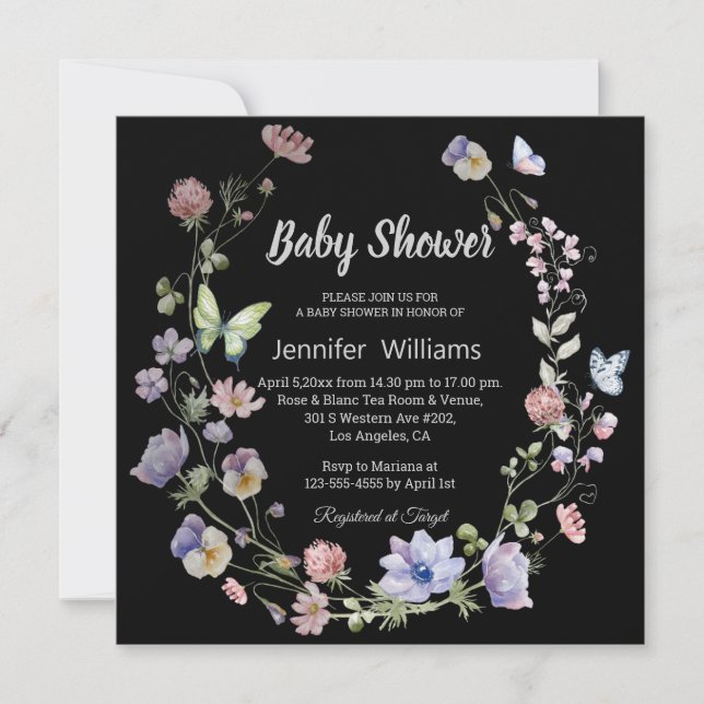elegant Wildblommor lila Black Girl Baby dusch Inbjudningar (Framsida)