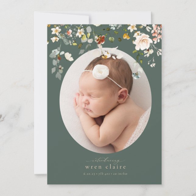 Elegant Wildblommor Oval Photo Birth Notice Inbjudningar (Framsida)