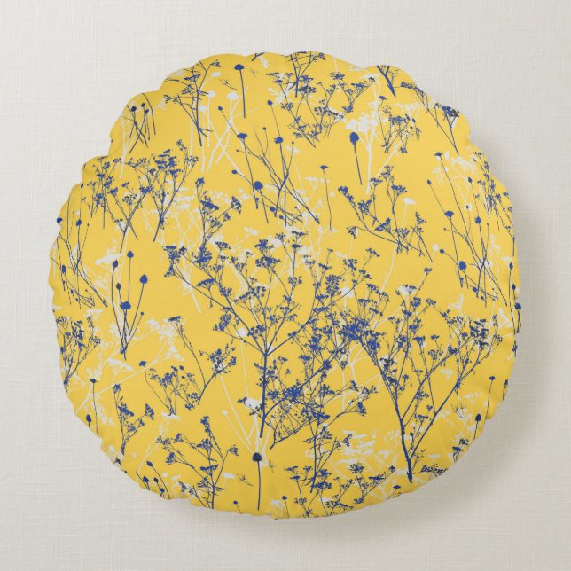 Elegant Wildblommor på Mustard Gult Rund Kudde (Framsidan)
