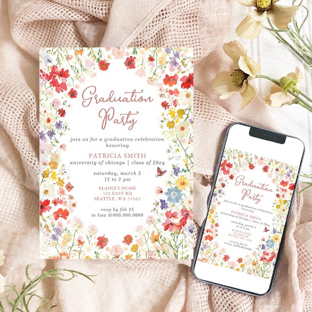 Elegant Wildblommor Photo Studentfest Inbjudningar (Elegant Wildflowers Photo Graduation Party Invitation)