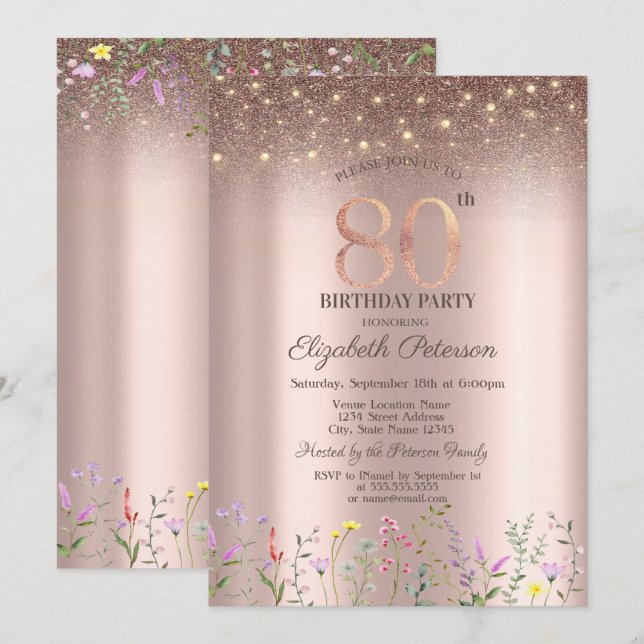 Elegant Wildblommor,String Ljus 80:e födelsedagen Inbjudningar (Fram/baksida)