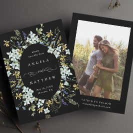 Elegant Wildblomoval Ram Bröllop Photo Black Spara Datumet