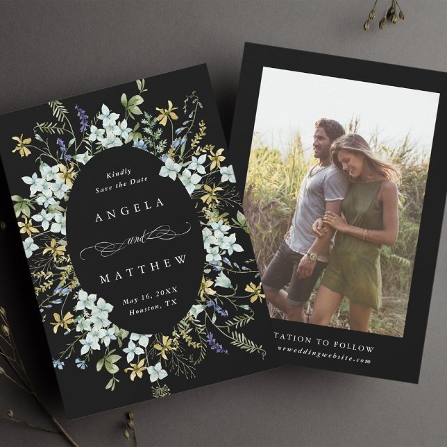 Elegant Wildblomoval Ram Bröllop Photo Black Spara Datumet (Skapare uppladdad)