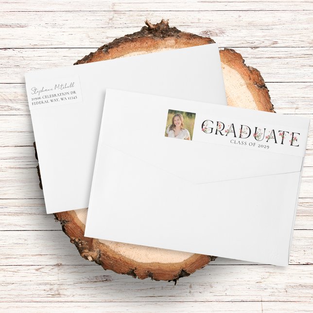 Elegant WildblomPhoto Studenten Returadress Etikettband (Elegant Wildflower Photo Graduation Return Address Wrap Around Label)