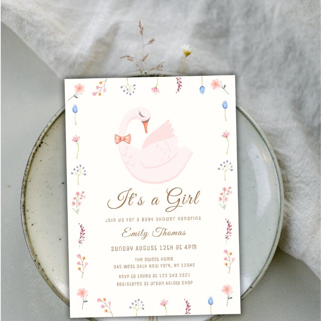Elegant Wildblomprincess Svan Girl Baby Shower Inbjudningar (Elegant Wildflower Princess Swan Girl Baby Shower Invitation)