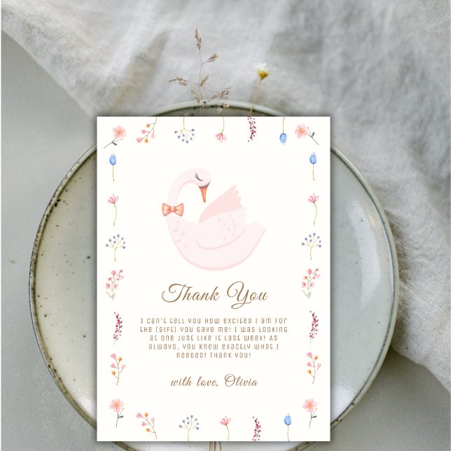 Elegant Wildblomprincess Svan Girl Baby Shower Tack Kort (Elegant Wildflower Princess Swan Girl Baby Shower Thank You Card)