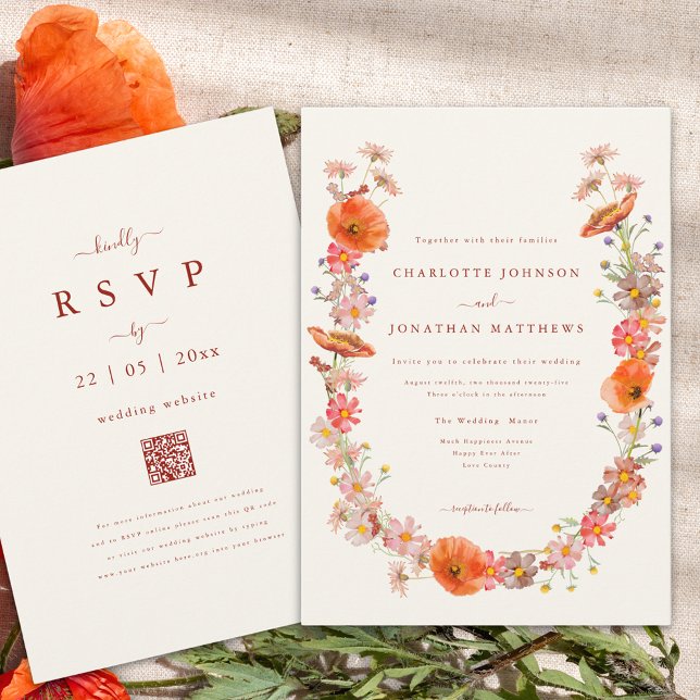 Elegant Wildbloms andningsasbröllop Inbjudningar (boho wildflower wreath fall wedding invitation with elegant burnt orange script and qr code)