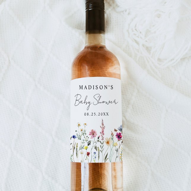 Elegant Wildbloms Meadow Baby Shower Vinflaska Etikett (Skapare uppladdad)