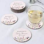 Elegant Wildbloms Meadow  Rosa Baby Shower Underlägg Papper Rund<br><div class="desc">blommigten i elegant duschar pappra underlägg med en grund-gräns av vildblommor och löv i skuggor av rosa,  gult,  lila,  blått och grönt på  rosa. Anpassa den vildblommiga babyduschen underlägg med mamma till Bas namn och datumet. Personligens vildblommor underlägg är perfekt för vår och sommarbabyduschar.</div>