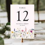 Elegant Wildbloms Meadow  Rosa Bröllop Bordsnummer<br><div class="desc">Elegant blommigt bröllop bordsnummer kort med vattenfärgade vilda blommor och löv i nyanser av rosa, gult, lila, blått och grönt som gränsar till grund av formgivningen på rosa. Utformningen upprepas på baksidan. De rustiska bläckfiskkorten bröllop bord är perfekt för vår och sommartid i bröllop. Så här beställer du korten för...</div>