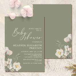 Elegant Wildblomsage Grönt Baby Shower Inbjudningar
