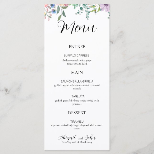 Elegant Wildblomsbröllopsmottagningsmeny Meny (Framsida)