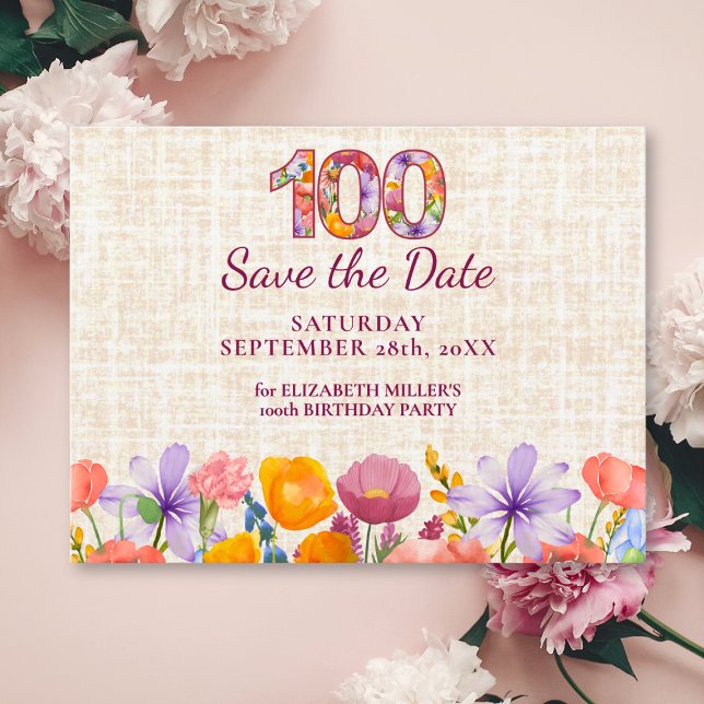 Elegant Wildflower 100th Birthday Save the Date Meddelande Vykort (Skapare uppladdad)