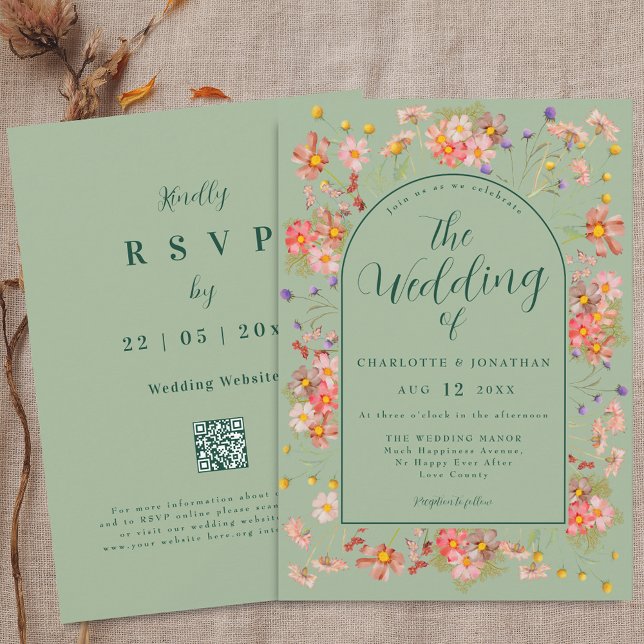 Elegant Wildflower Arch Sage Green Wedding Inbjudningar (Wildflower elegant floral arch sage green Wedding qr code invitation Boho fall rustic meadow flowers)