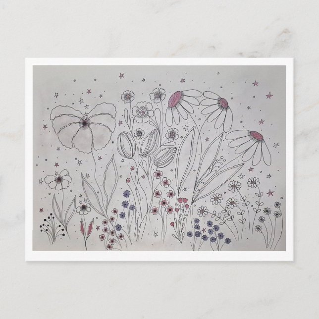 Elegant Wildflower Meadow Line Art Meddelande Vykort (Framsida)