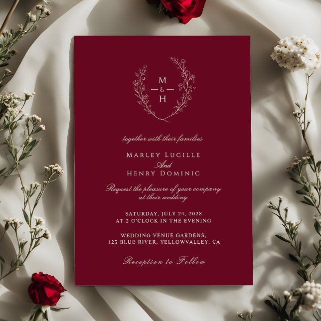 Elegant Wildflower Monogram Burgundy Wedding Inbjudningar (Skapare uppladdad)