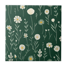 Elegant Wildflower Pattern on Dark Green  Kakelplatta