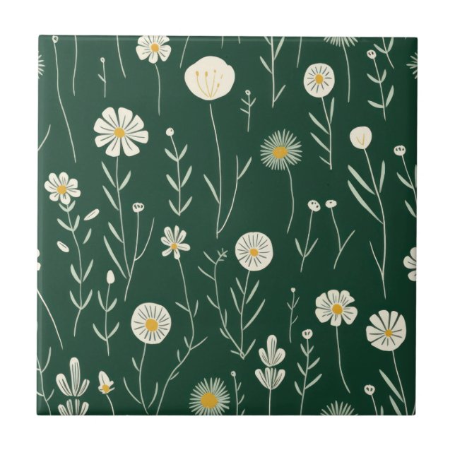 Elegant Wildflower Pattern on Dark Green  Kakelplatta (Framsidan)