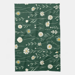 Elegant Wildflower Pattern on Dark Green  Kökshandduk