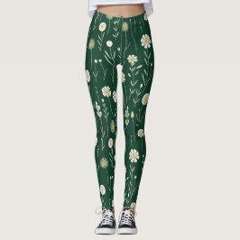 Elegant Wildflower Pattern on Dark Green  Leggings