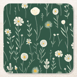 Elegant Wildflower Pattern on Dark Green  Underlägg Papper Kvadrat