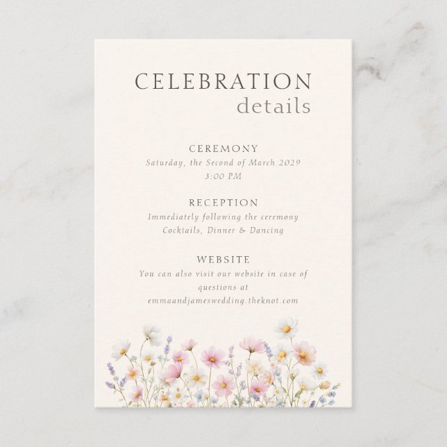 Elegant Wildflowers Wedding Ceremony Reception Tilläggskort (Framsida)