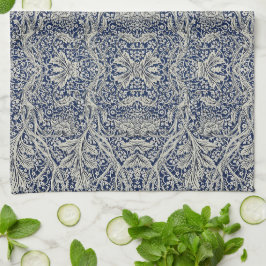 Elegant William Morris Blommönster Blå Vitt Mönste Kökshandduk