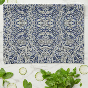 Elegant William Morris Blommönster Blå Vitt Mönste Kökshandduk