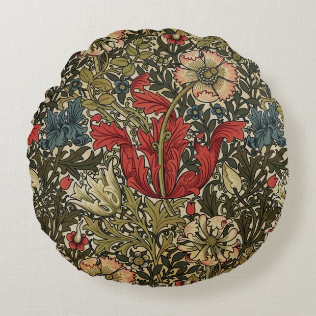 Elegant William Morris Blommönster Red Grönt Rund Kudde (Framsidan)