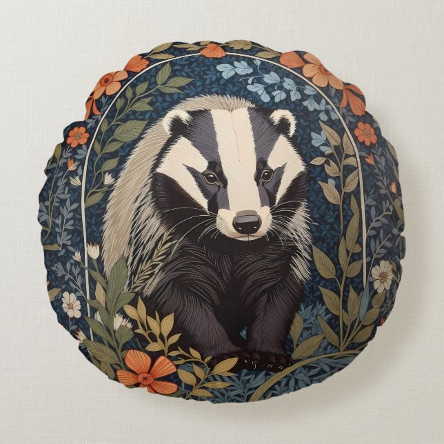 Elegant William Morris Inspired Badger Rund Kudde (Framsidan)