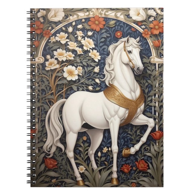 Elegant William Morris Inspired White Horse Anteckningsbok (Framsidan)
