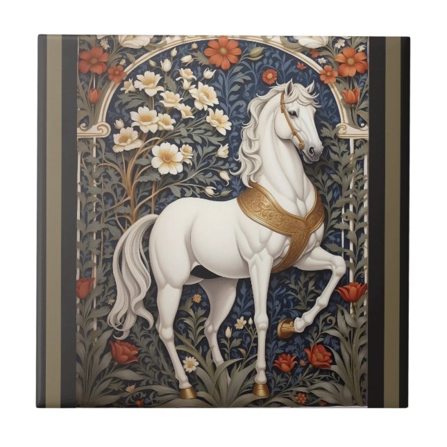 Elegant William Morris Inspired White Horse Kakelplatta (Framsidan)