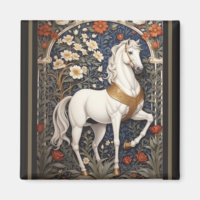 Elegant William Morris Inspired White Horse Magnet (Framsidan)