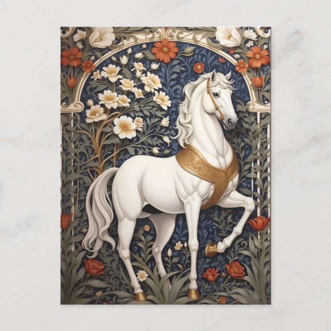 Elegant William Morris Inspired White Horse Vykort (Framsida)