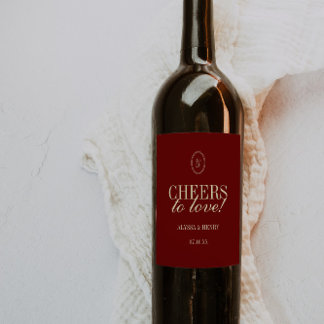 Elegant Wine Red "Cheers to Love" Wedding Vinflaska Etikett