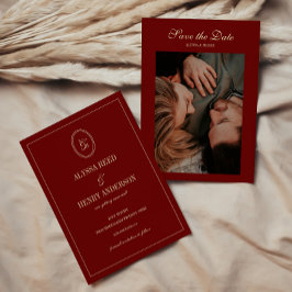 Elegant Wine Red Monogram Script Wedding Photo Spara Datumet