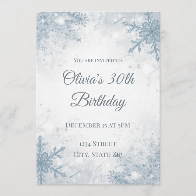 Elegant Winter 30th Birthday Invitation – Icy Snow Inbjudningar (Framsida)