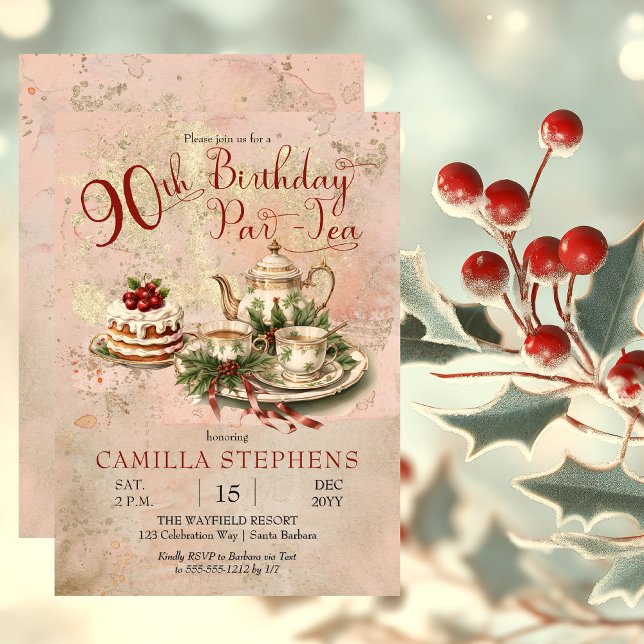 Elegant Winter 90:e Birthday Par-Tea Party Inbjudningar (Elegant Winter Floral Tea Set Holly and Berries 90th Birthday Par-Tea Party Invitation)