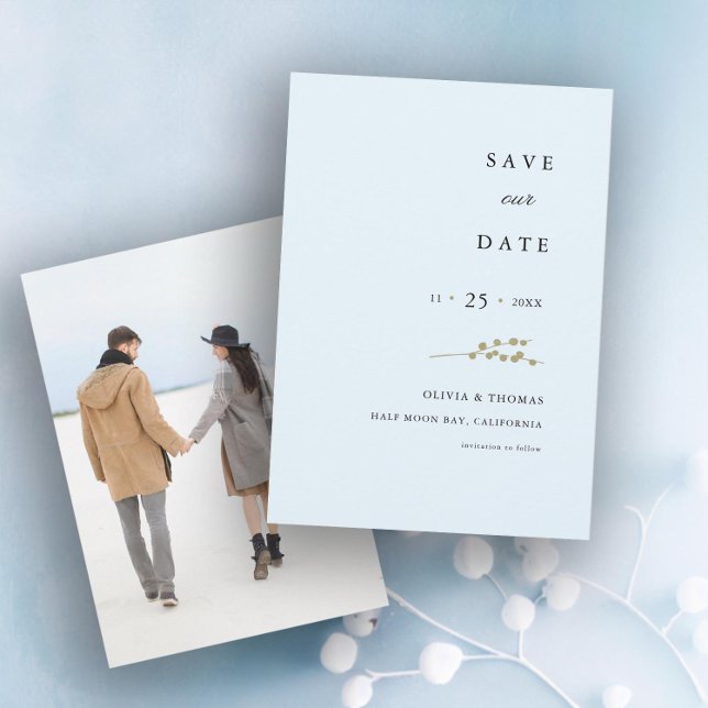 Elegant Winter Berries Photo Bröllop spara datum Inbjudningar (winter wedding save the date ice blue gold berries botanical elegant modern classic simple classy)