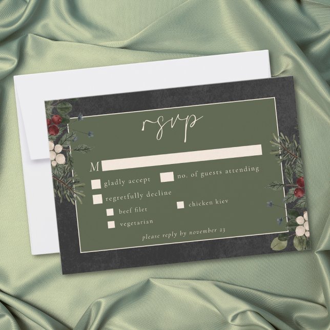 Elegant Winter Berries & Pine Black Wedding OSA Kort (Elegant Winter Berries & Pine Black Wedding RSVP Card)
