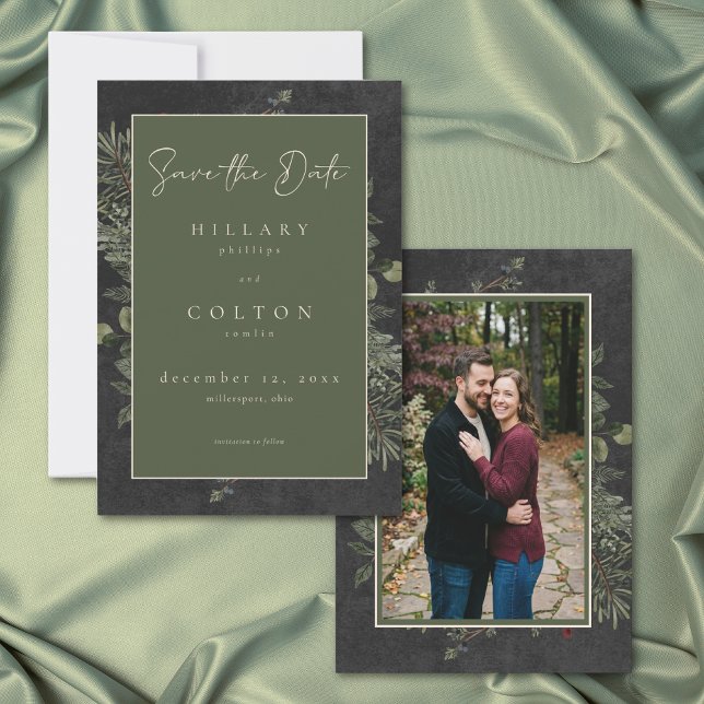 Elegant Winter Berries Pine Black Wedding Photo Spara Datumet (Elegant Winter Berries Pine Black Wedding Photo Save The Date)