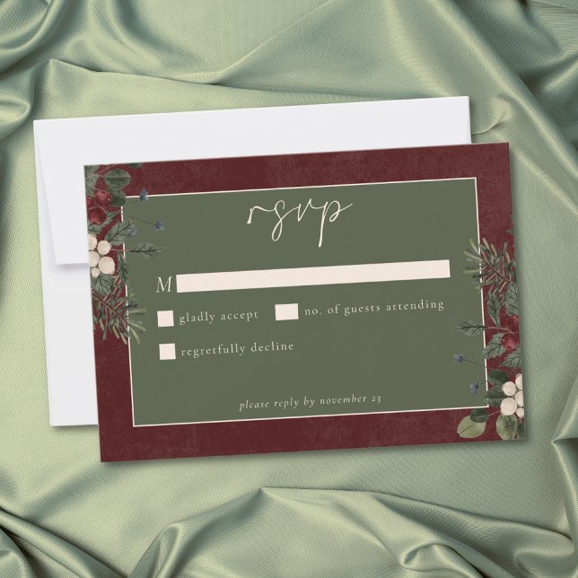 Elegant Winter Berries & Pine Burgundy Wedding OSA Kort (Elegant Winter Berries & Pine Burgundy Wedding RSVP Card)