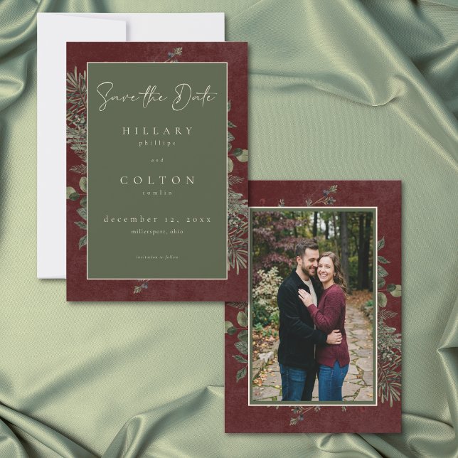 Elegant Winter Berries Pine Burgundy Wedding Photo Spara Datumet (Elegant Winter Berries Pine Burgundy Wedding Photo Save The Date)