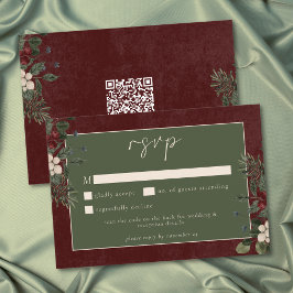 Elegant Winter Berries & Pine Burgundy Wedding QR OSA Kort