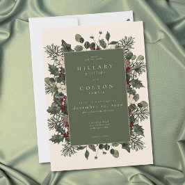 Elegant Winter Berries & Pine Ivory Wedding Inbjudningar