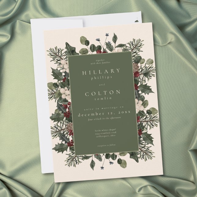 Elegant Winter Berries & Pine Ivory Wedding Inbjudningar (Elegant Winter Berries & Pine Ivory Wedding Invitation)
