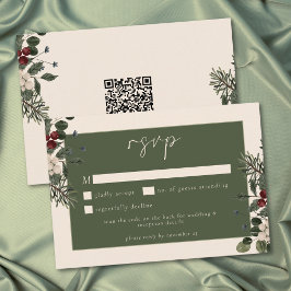 Elegant Winter Berries & Pine Ivory Wedding QR OSA Kort