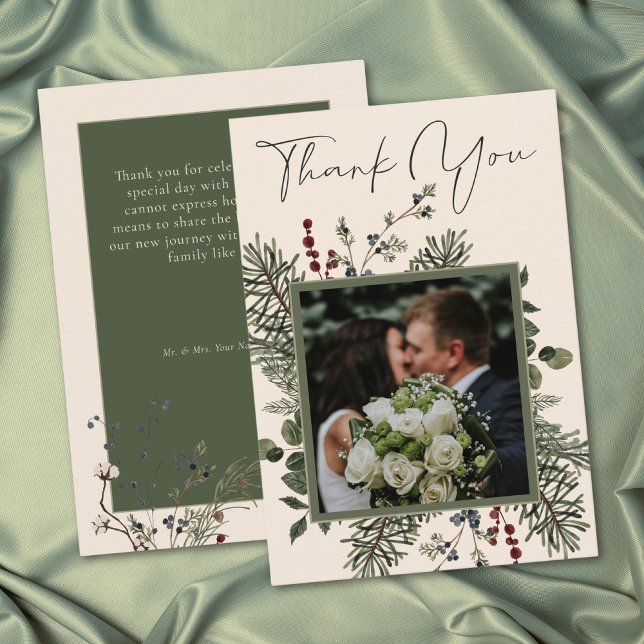Elegant Winter Berries & Pine Ivory Wedding Tack Kort (Elegant Winter Berries & Pine Ivory Wedding Thank You Card)