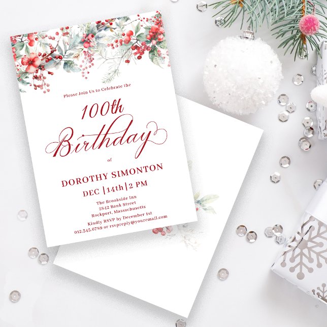 Elegant Winter Berry Botanical 100 Birthday Inbjudningar (Skapare uppladdad)