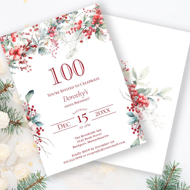 Elegant Winter Berry Botanical 100 Birthday Inbjudningar (Skapare uppladdad)